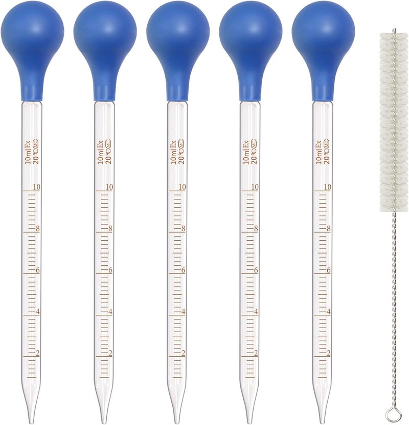 Asherxin 5 Pack 10ml Glass Pipette Dropper Lab Graduated Dropper Glass Liquid Pipette with 1 Pc Cleaning Brush for Liquid Essential Oil, Lab Dropper Pipettes Transfer with Rubber Cap - Image 1